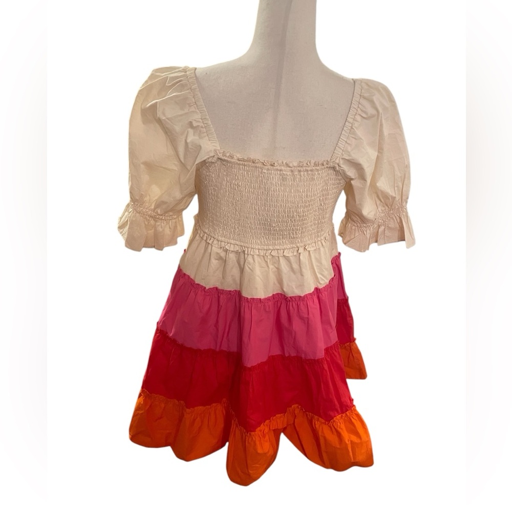 ENGLISH FACTORY Colorblock Smocked Puff Sleeve Mini Dress New With Tags - Picture 7 of 16